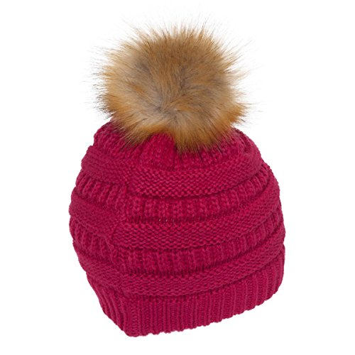 Gravity Threads Cable Knit Faux Fur Pom Pom Beanie Hat - color: Hot Pink
