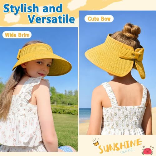 ZOORON Girls Straw Sun Visor Hat, Wide Brim Ponytail Beach Hat with Bow - color: Orange Yellow