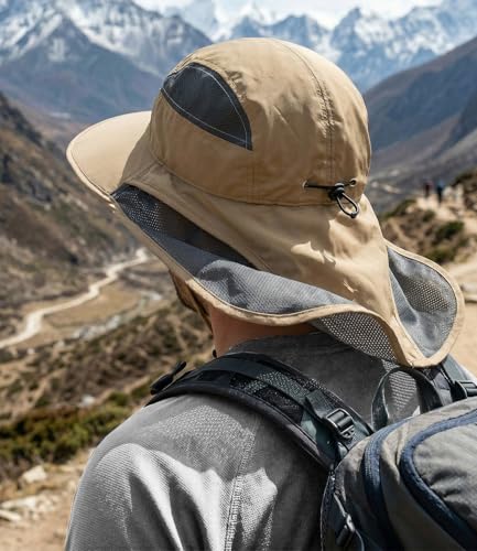 Hat Hut Ultra-Light Sun Hat with Neckflap, UPF 50+, Wide Brim, Breathable Outdoor Hiking Fishing Hats for Men - color: Khaki