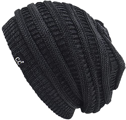 C.C Beanie Oversized Hat with Fuzzy Lining – Thick Knit Thermal Beanie for Cold Weather, Soft Warm Fleece Lined Cap - color: 2 Tone Black / Charcoal