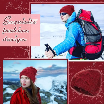 Chuarry Distressed Knitted Beanie Fuzzy Winter Hat - color: Claret