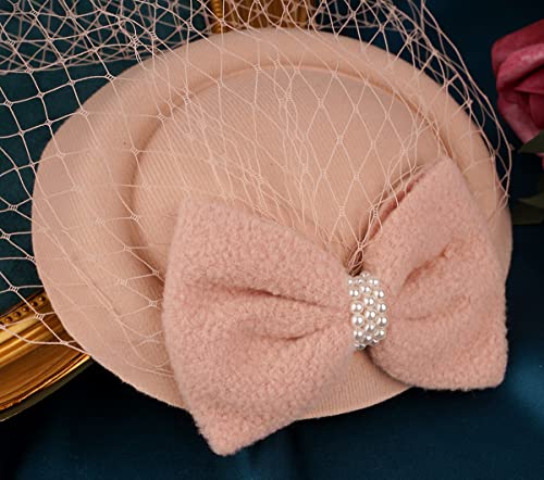 Fascinator Hats for Women 20s 50s Vintage Pillbox Hat Kentucky Derby Fascinators Flower Veil Wedding Tea Party Hat - color: 11c-blush Pink