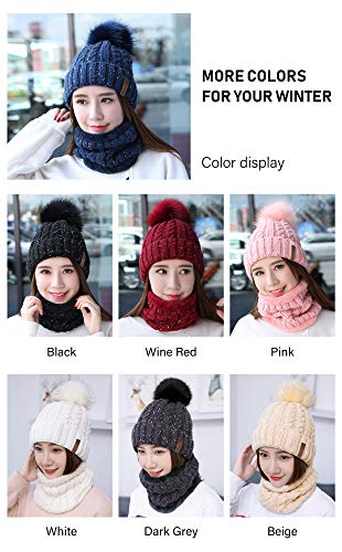 IYEBRAO Womens Winter Knit Beanie Hat and Scarf Set Girls Cute Slouchy Thick Fleece Lined Ski Hat Warm Skull Cap with Pom - color: Navy Blue