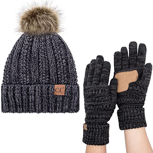 C.C Pom Cable Knit Beanie and Glove Set - color: #23 Black/Gray