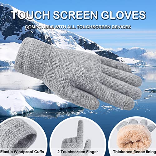 3 Pcs Women Winter Knit Beanie Hat Scarf Touchscreen Gloves Set Warm Soft Thick Fleece Lined Skull Cap with Double Pom Pom - color: Grey