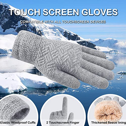 3 Pcs Women Winter Knit Beanie Hat Scarf Touchscreen Gloves Set Warm Soft Thick Fleece Lined Skull Cap with Double Pom Pom - color: Grey