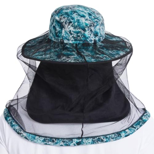 BASSDASH UPF 50+ Mosquito Sun Hat with Hidden Head Net and Neck Flap for Men Women Outdoor Fishing Hiking Camping - color: Ocean Camo