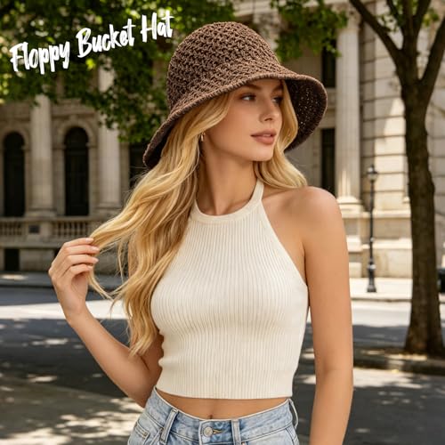 Sun Hat for Women Summer Straw Beach Hats Bucket Hat Floppy Crochet Hat - color: Coffee