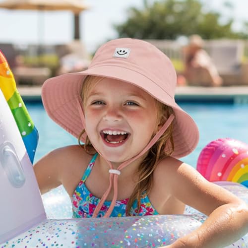 Kids Sun Hat Smile Face Bucket Hat Toddler Hat Wide Brim Adjustable Strap - color: Pink, size: 3-8T