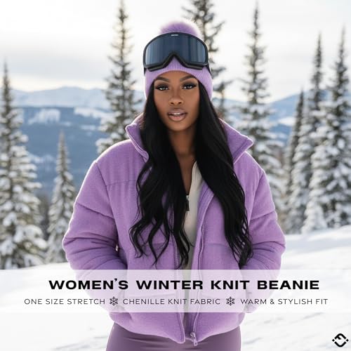 Funky Junque Beanie for Women Ultra Soft Chenille Faux Fur Pom Pom Winter Hats Warm Ski Cap Fashion - color: Lavender
