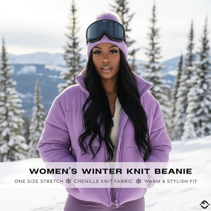 Funky Junque Beanie for Women Ultra Soft Chenille Faux Fur Pom Pom Winter Hats Warm Ski Cap Fashion - color: Lavender