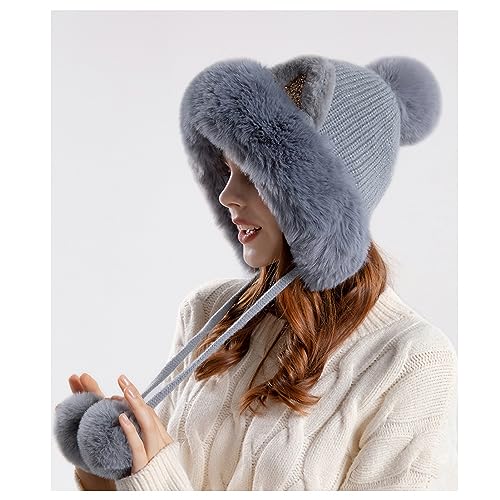 Fluffy Knit Beanie Hats for Women Winter Warm Fleece Lining Skull Cap Plush Faux Fur Pompom Earflaps Snow Hats - color: Grey - B