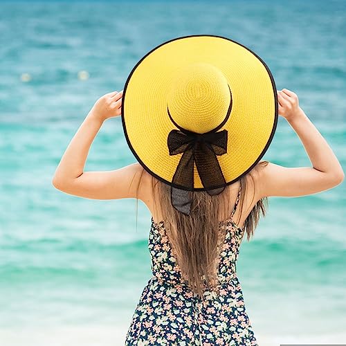 AQOKKA Beach Hats for Women Men Big Straw Wide Brim Summer Hat Floppy Foldable Roll up Cap for Beach Outdoor UPF 50+ - color: 1 Pack: Bow Knot Yellow