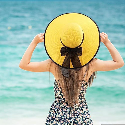 AQOKKA Beach Hats for Women Men Big Straw Wide Brim Summer Hat Floppy Foldable Roll up Cap for Beach Outdoor UPF 50+ - color: 1 Pack: Bow Knot Yellow