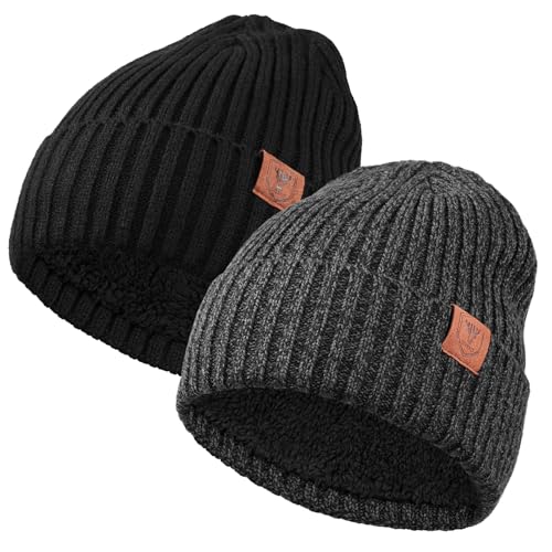 OZERO Winter Beanie for Men Women,Thermal Knit Soft Fleece Lined Hats - color: 2pack Black&grey