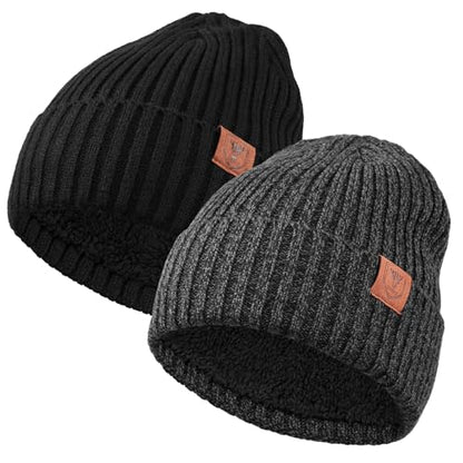 OZERO Winter Beanie for Men Women,Thermal Knit Soft Fleece Lined Hats - color: 2pack Black&grey