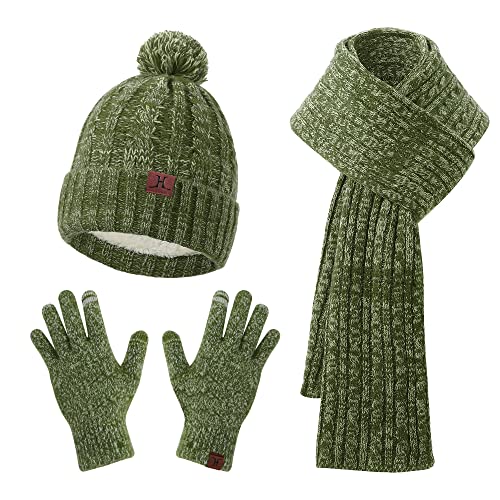 MAYLISACC Womens Hat Scarf Gloves Set, Stylish Winter Knitted Warm Beanie Caps+Long Scarves+Touch Screen Gloves for Laydies - color: Green