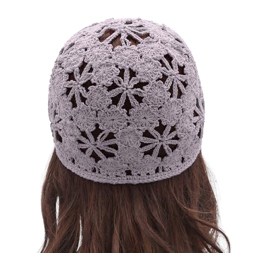 ZLYC Women Summer Slouchy Crochet Hat Handmade Cutout Skull Cap with Visor - color: Plain Light Purple, size: One Size