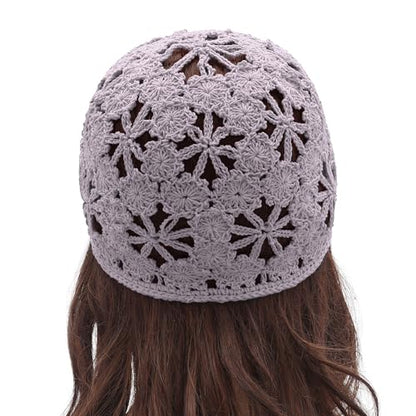 ZLYC Women Summer Slouchy Crochet Hat Handmade Cutout Skull Cap with Visor - color: Plain Light Purple, size: One Size