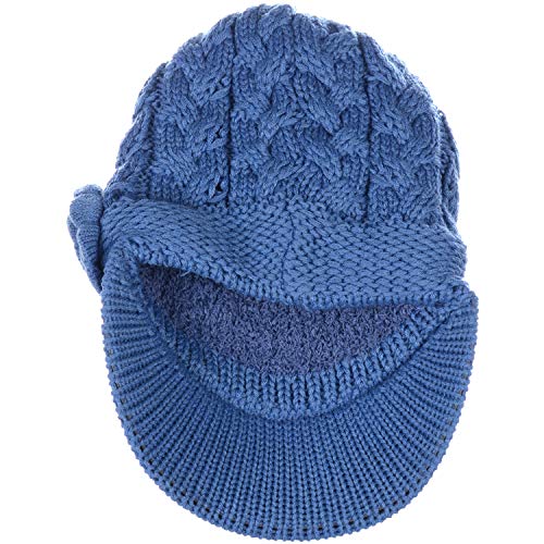 Womens Winter Elegant Cable Flower Knitted Newsboy Cabbie Cap Beret Beanie Hat with Visor, Warm Plush Fleece Lined - color: Denim Blue Cable Flower