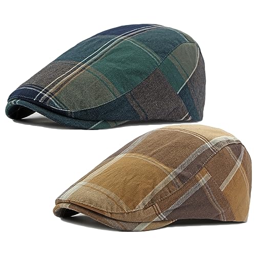 2 Pack Mens Newsboy Flat Cap Plaid Ivy Gatsby Cabbie Driving Golf Hat Beret - color: 2 Pcs Set F