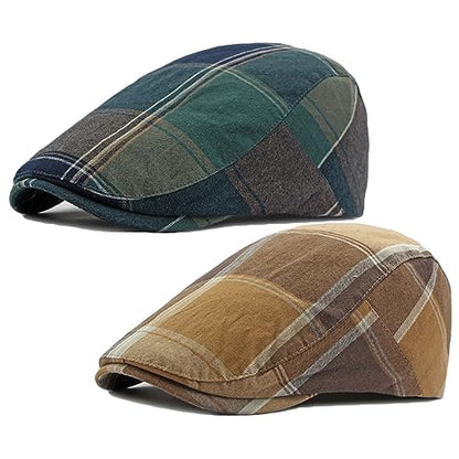 2 Pack Mens Newsboy Flat Cap Plaid Ivy Gatsby Cabbie Driving Golf Hat Beret - color: 2 Pcs Set F