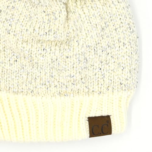 C.C Sequin Pom Beanie for Women - Acrylic Stretchable Soft Warm Knit Winter Skully Hat with Yarn Pom - color: Sequin-ivory / Silver