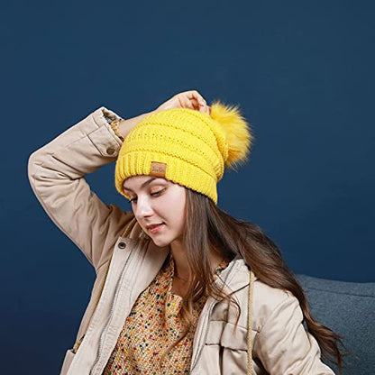 REDESS Women Winter Pom Pom Beanie Hat with Warm Fleece Lined - color: Wine Red