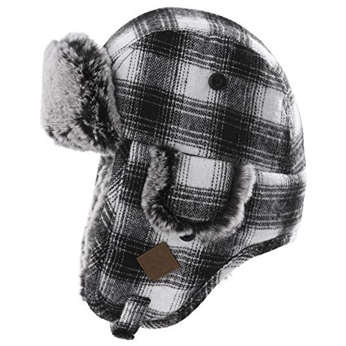 Jeff & Aimy Stylish Plaid Winter Wool Trapper Faux Fur Earflap Hunting Hat Ushanka Russian Cold Weather Thick Lined 55-61CM - color: White, size: Large