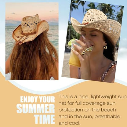 AQOKKA Straw Cowboy Hats for Women Men Western Cowgirl Hats with Shapeable Brim Woven Hollow Out Unisex Beach Roll Up Caps - color: Brown Beads Cowboy Hat : Beige