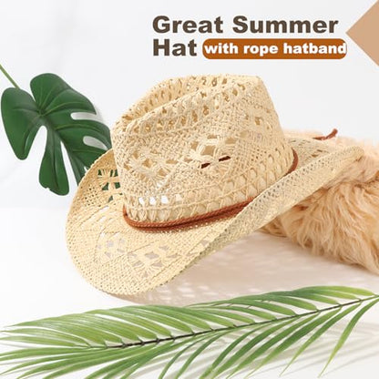 DRESHOW Straw Cowboy Cowgirl Hat for Women Men Western Coastal Cowboy Beach Hat with Shapeable Brim Unisex Rolled up Caps - color: 1 Pack Straw Woven Hollowed-out: Beige