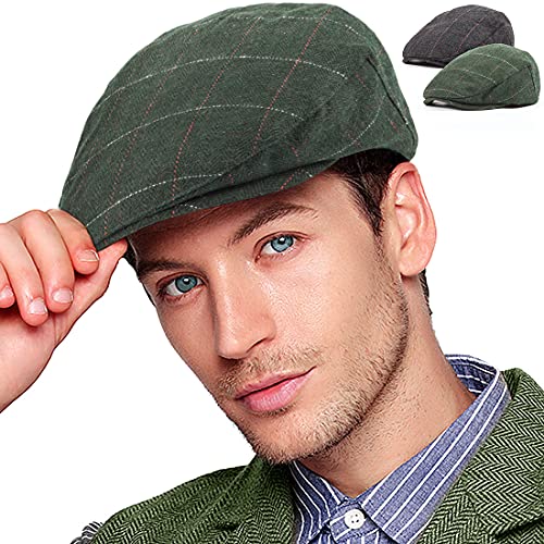 2-Pack Adjustable Newsboy Hats for Men Flat Cap Irish Wool Blend Tweed - color: Plaid Black+green 2pack, size: X-Large-XX-Large