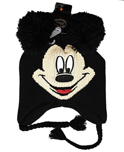 Disney Mickey Mouse Character Adult Black Winter Knit with Poms Laplander Hat, Small