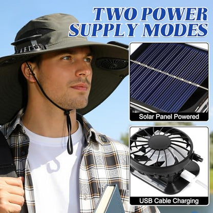 Hat with Fans Solar Power, UPF 50+ Wide Brim Sun Hat, Fishing Essentials for Hiking Beach Summer Safari - color: Light Grey