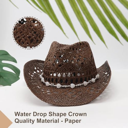 AQOKKA Straw Cowboy Hats for Women Men Western Cowgirl Hats with Shapeable Brim Woven Hollow Out Unisex Beach Roll Up Caps - color: Cowboy Hat : Coffee