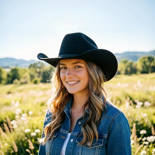 DRESHOW Western Cowboy Hat for Men Women Cowboy Cowgirl Hat Outdoor Wide Brim Retro Felt Fedora Hats Unisex Rolled up Caps - color: 1 Pack Style 8: Black