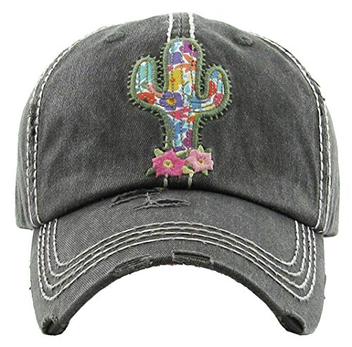 Funky Junque Distressed Baseball Cap, Vintage Embroidered Dad Hat - color: Cactus - Black