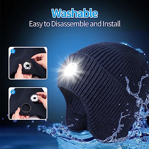 LED Beanie Hat with Light, USB Rechargeable LED Headlamp Hat, Unisex Winter Hat Warm Knitted Earflap Beanie with Night Flashlight (Blue) - color: Blue Adult