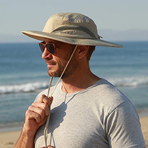 Men Safari Sun Hat Wide Brim Boonie Fishing Cap with Adjustable Drawstring - color: #Tan