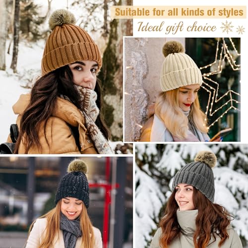 Satin Lined Beanie for Women Knit Winter Hats Silk Lined Womens Beanie with Detachable Pom Pom - color: A Beige