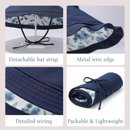 Wide Brim Sun Hat for Women Reversible Beach Hats Metal Wired Edge Gardening Hats, UPF 50+ Bucket Summer Hat - color: Navy