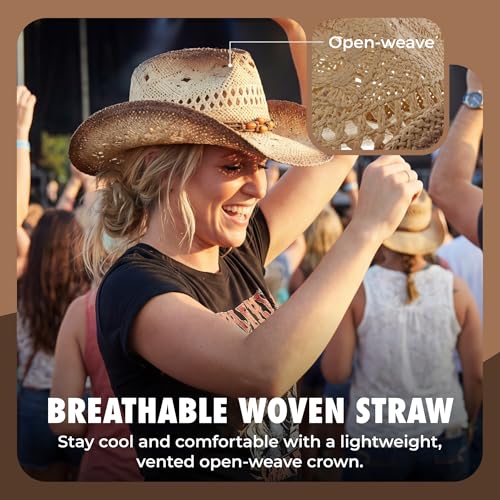 grinderPUNCH Straw Cowboy Hat for Men Women Western Cowgirl Outback Sun Hat - color: Biege
