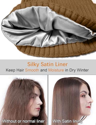 Satin Lined Wool Acrylic Blend Beanie Hat Women Men, Winter Knit Cap - color: Light Coffee