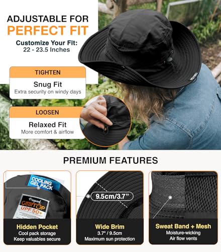 GearTOP Safari Hat for Men Sun Hats for Women UV Protection UPF 50+ Fishing, Gardening, Hiking Hat (22-23 1/2") - color: Black Standard 1 Pack
