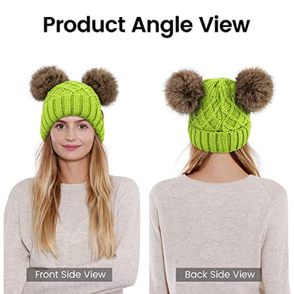 Arctic Paw Womens Winter Hat Cable Knit Beanie for Women Faux Fur Pompom Ears - color: Light Green Hat Coffee Ball