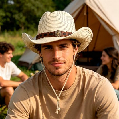 Unisex Straw Cowboy Hat Wide Brim Western Sun Hat Adjustable Beach Cowgirl Hat for Summer Outdoor Sun Protection - color: Beige,leather Hat Strap