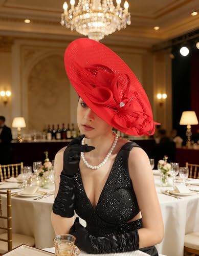 Unpifolov Fascinators Hats Elegant Women Flower Mesh Feathers Wedding Cocktail Bride Headband for Derby Hat Tea Party - color: Red
