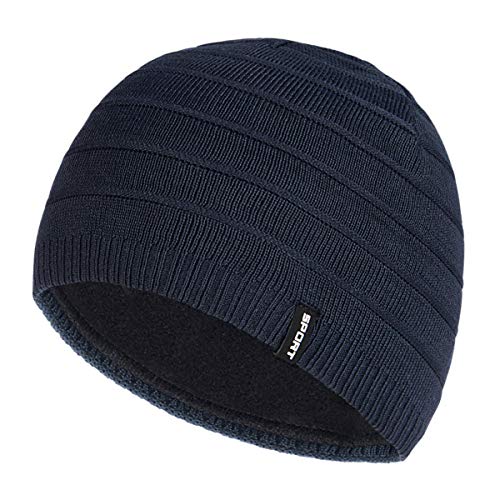 Mens Winter Beanie Hat Warm Knit Cuffed Plain Toboggan Ski Skull Cap (3 Patterns) - color: Navy1