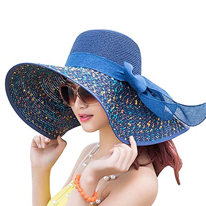 Womens Sun Straw Hat Wide Brim Summer Hat Foldable Beach Hats Floppy Roll up Cap Sunhat with Bowknot Blue - color: Blue