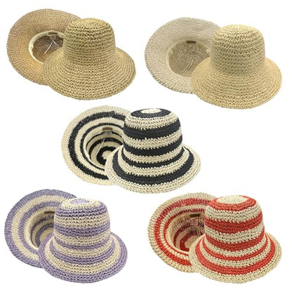 Woven Straw Hat for Women Foldable Summer Beach Hat Wide Brim Floppy Bucket Hat - color: Orange/Beige